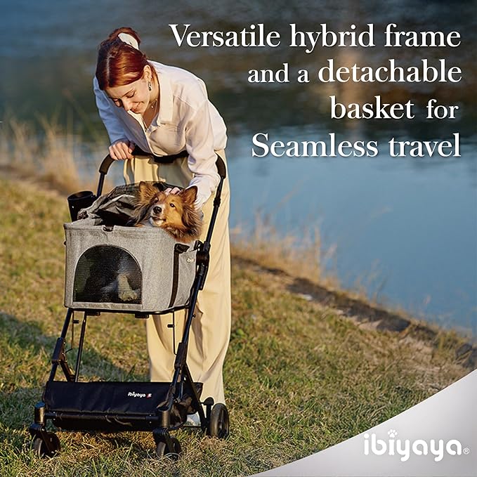 ibiyaya Essential – Travois Tri-Fold Pet Travel System for Medium Dogs, Cats, and More, 3 in 1 Dog Stroller with Detachable Carrier, XL Cabin (Taupe Gray)