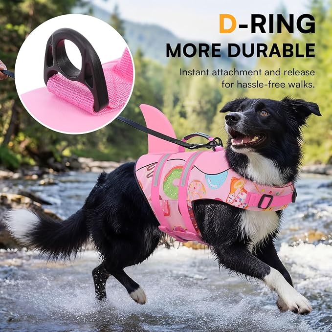 Dog Life Jacket, Dog Life Vest for Swimming, Doggie Shark Swimming Vest with Rescue Handle, Adjustable Reflective Pet Lifesaver Preserver for Small Dogs, Pink Donut XS