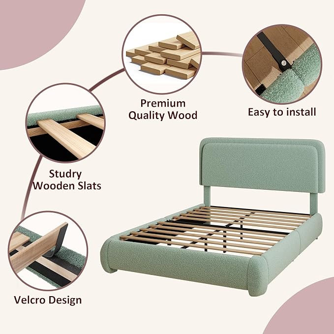 Full Boucle Platform Bed Frame with Height Adjustable Headboard, Modern Upholstered Cloud Bed, Sleek Curved Design, No Box Spring Needed, Easy Assembly, Noise Free,Green