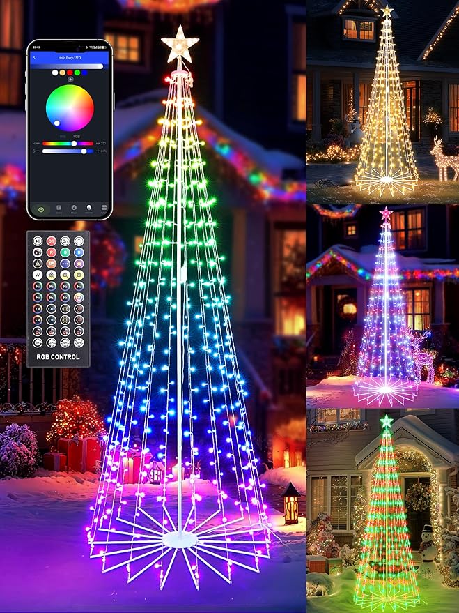 Flacchi 7.8FT Smart Christmas Tree Lights - Star Tree Topper with Removable Bracket, App Control, Sync with Music, Waterfall Colored Lights for Indoor Outdoor Xmas Decorations (7.8FT/ String Lights)