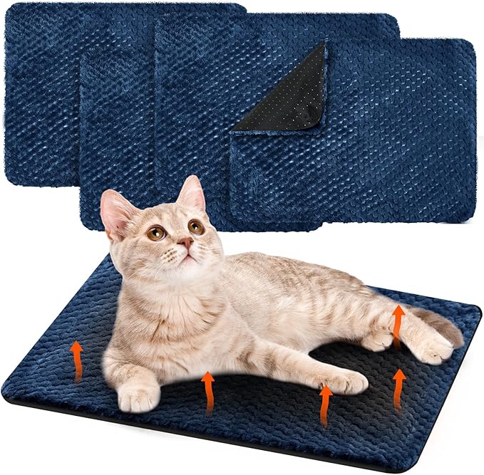 4 Pcs Self Heating Cat Pad Self Warming Cat Bed Dog Heating Pad Washable Thermal Pet Mat for Indoor Outdoor Pet 16 x 20 Inch Removable Non Slip(Navy Blue)