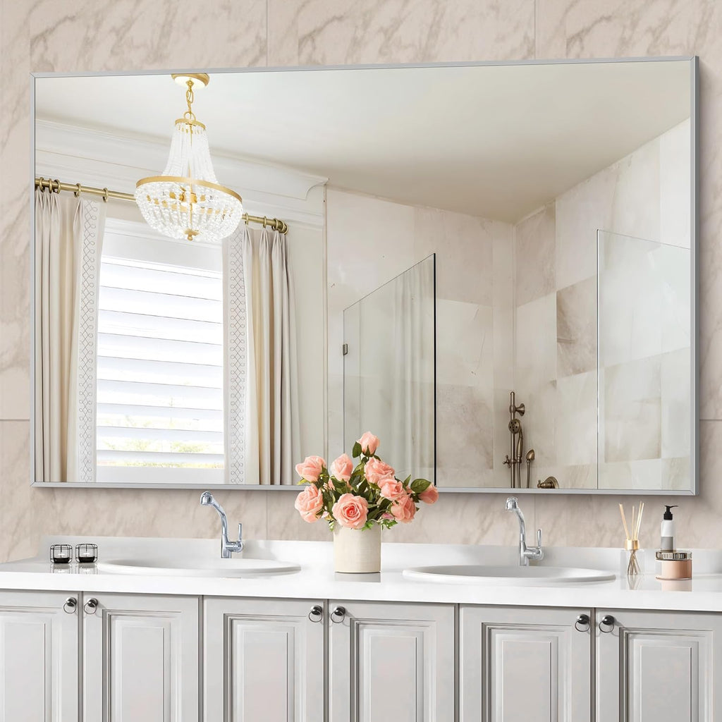 36x55 inch Bathroom Mirror, Silver Rectangle Mirror with Thin Metal Frame, Large Rectangular Wall Mirrors for Bathroom, Living Room, Big Mirror Hang Horizontal/Vertical