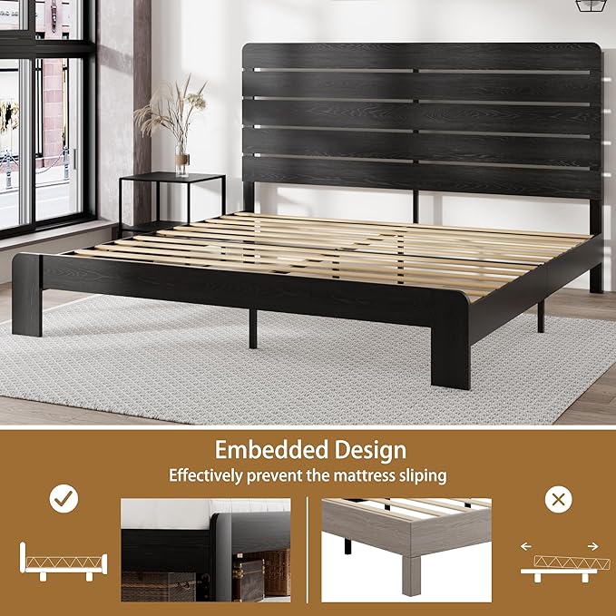 King Size Bed Frame with Wooden Headboard and Footboard, Rustic Platform Bedframe, Wood Slats Support, No Box Spring Needed, Under Bed Storage, Easy Assembly, Black