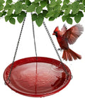 Red Ceramic Bird Bath Bowl - Hanging Bird Baths for Outdoors - 12-Inch Glazed Ceramic Bowl with Embossed Cardinal & Dogwood Design - Metal Chain & Hook