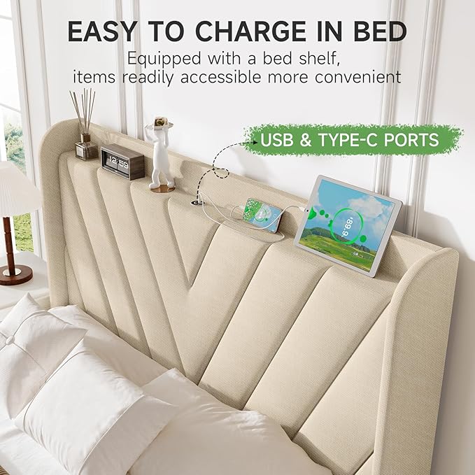 koorlian Queen Bed Frame with Headboard, Adjustable Upholstered Platform Bed Frame with Type-C&USB Ports, Wingback Storage Headboard, Solid Wood Slats Support, No Box Spring Needed, Beige