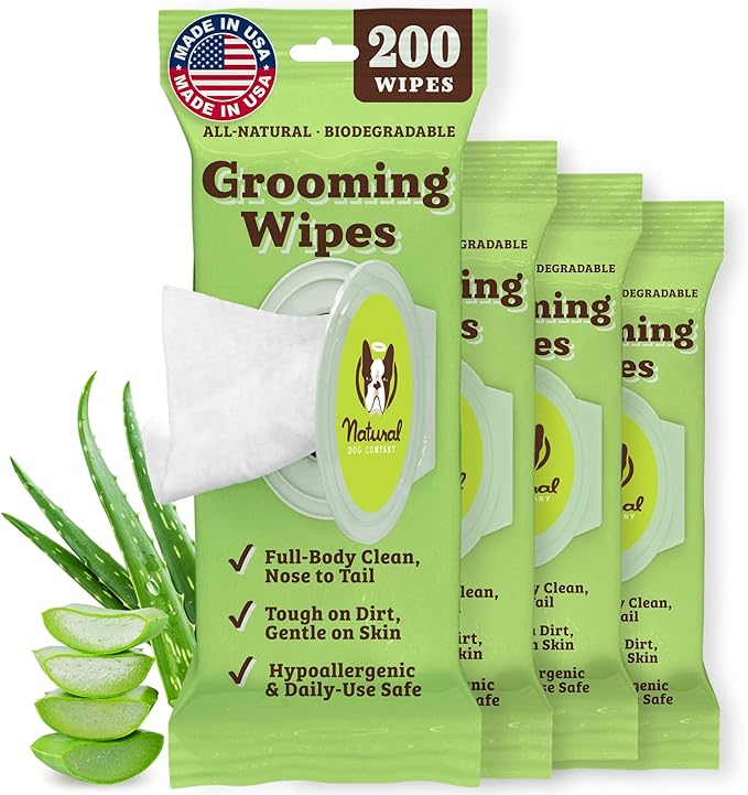 Natural Dog Company XL Grooming Wipes for Dogs – Hypoallergenic, Biodegradable, Fragrance Free – Aloe Vera & Witch Hazel – Large 7×8 in Wipes for Paws, Face, Ears & Butt – 200 Count Sensitive Skin