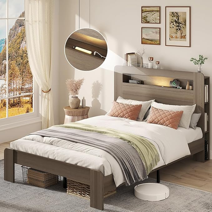 Wooden Bed Frame Full Size with Storage Headboard - Farmhouse Platform Bed Frame with Bookcase Shelf & Led Lights, Sturdy Wood Slat Framework Bed Frame (Light Brown LED)