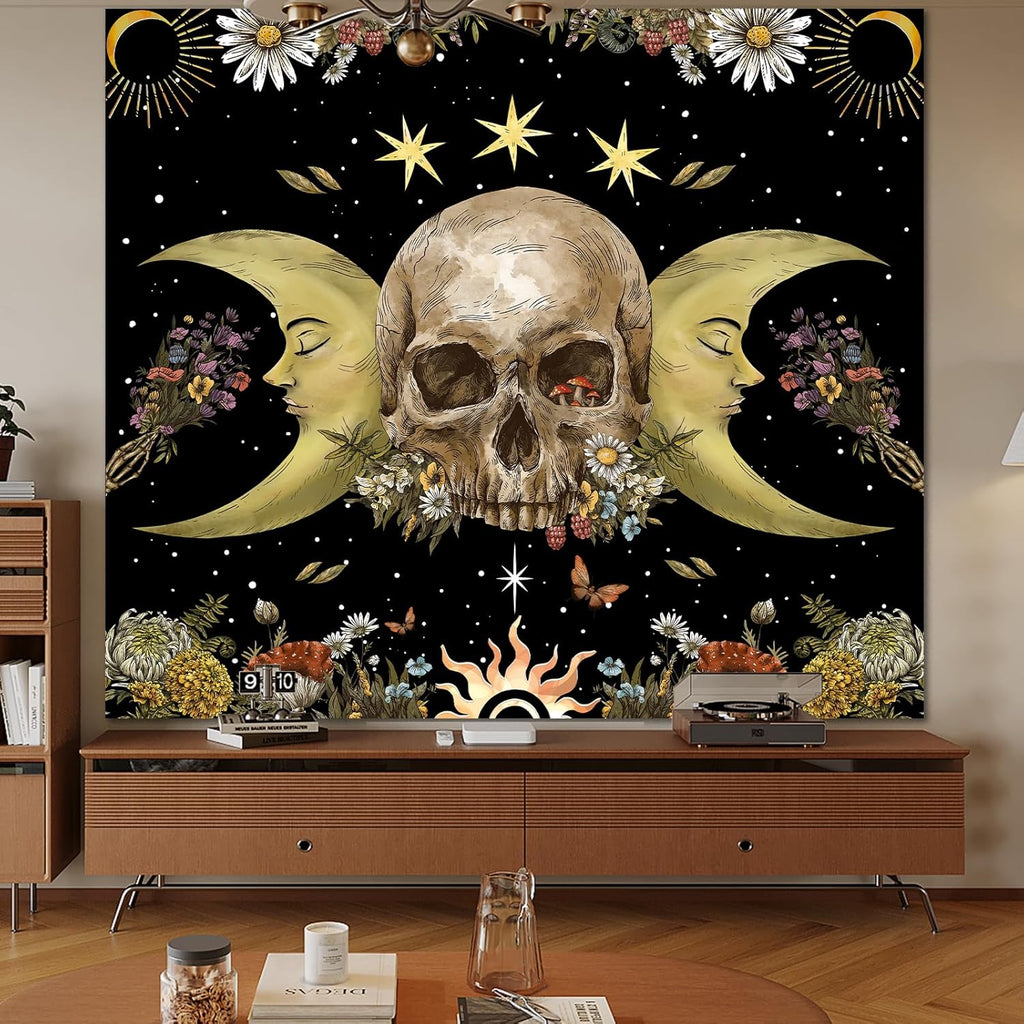 Atrippy Halloween Vintage Gothic Tapestry for Bedroom, Goth Skull Floral Wall Decor Tapestry, Sun and Moon Skeleton Flower Tapestries Aesthetic, Dark Room Decor Wall Hanging for Living Room Dorm 60x79 Inches