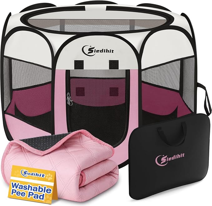 Sieidihit Dog Cat Playpen Tent Crate Cage with Washable Pee Pad, Small Pink | Pet Nursing Enclosure Camping Rest Zone for Recovering Pets New Pet Quarantine Room Portable Pop Up Easy Set up lightweight