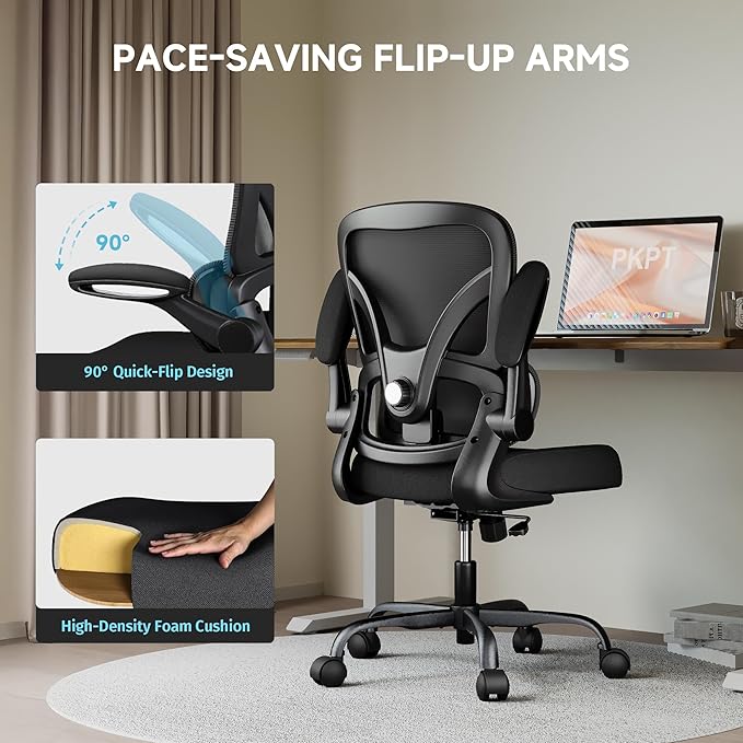 Office Chair with Adjustable Lumbar Support, Home Office Desk Chair with Flip-up Armrests, 330 lbs Mesh Computer Chair for Long Day Use, Black