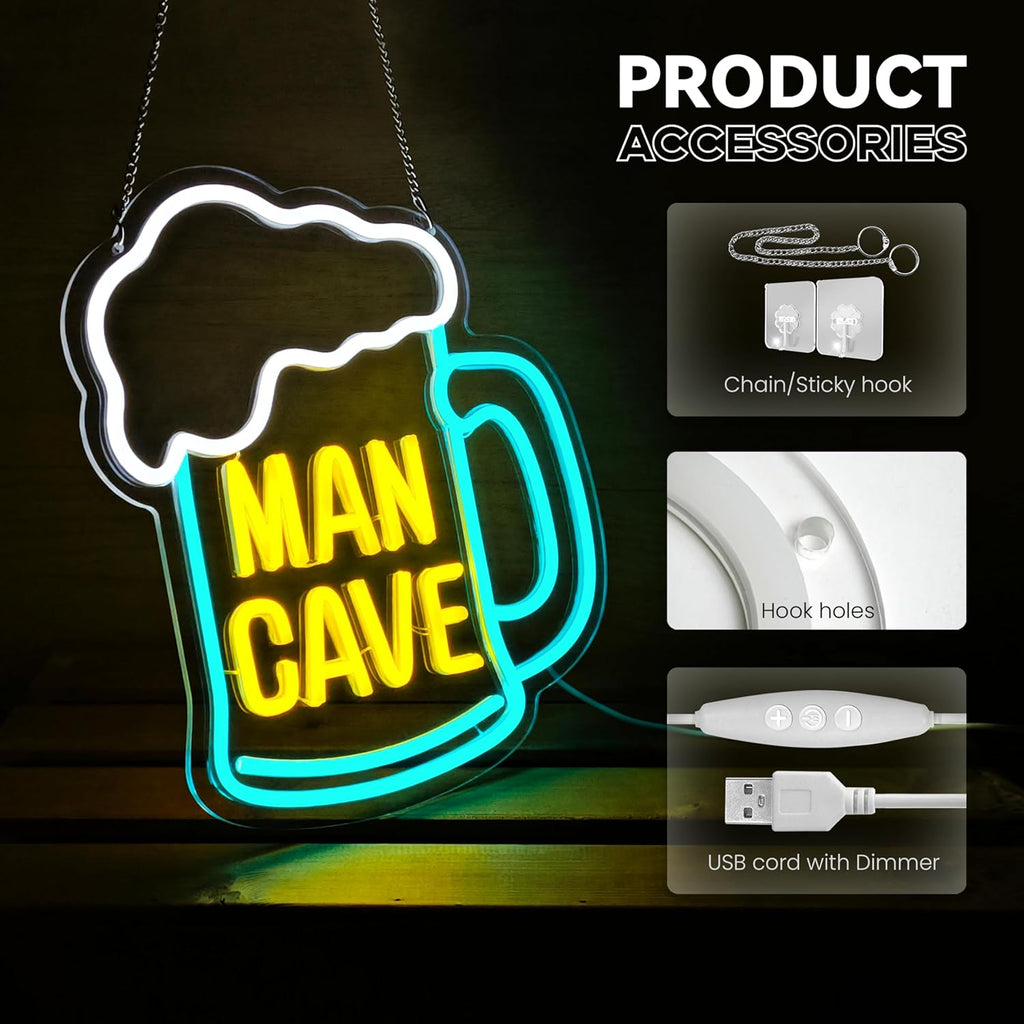 Man Cave Neon Sign, Beer Neon Signs for Wall Decor, Dimmable Acrylic Neon Lights for Man Cave Gamer Room Bedroom Bar Pub Party Decorations