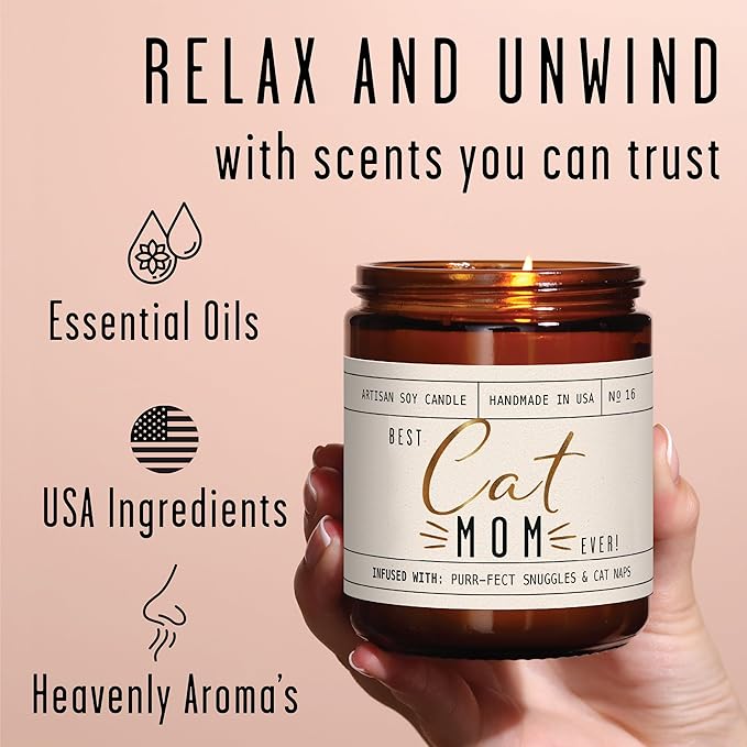 Cat Mom Gifts, Cat Gifts for Women Unique, Cat Lover Gifts for Women - 'Best Cat Mom Ever' Candle, w/Vanilla, Coconut & Vetiver I Cat Decor Themed I Cat Gifts for Cat Lovers I 50Hr Burn, USA Made