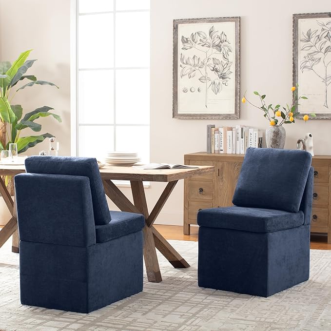 VKNOW Upholstered Dining Chairs, Modern Kitchen Chairs with Storage, Linen Armchair Dining Room Chairs for Kitchen Room, Navy Blue