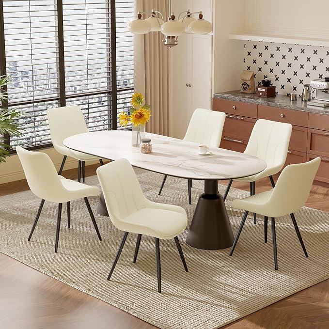 Upholstered Dining Chairs Set of 6, Modern Faux Leather Dining Room Chairs with Thick Cushion and Metal Legs, Kitchen Chairs with Back for Dining Room, Cream