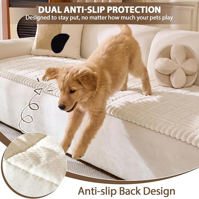 FUANGUI Waterproof Couch Cover Sofa Cover for Dogs and Pets Sofa Protector | Non-Slip Washable Fuzzy Soft Cat Bed Sofa Slipcover for 2-3 Cushion Couch Sofa Pet Friendly, Beige, 27.6" x 82.7", 1 pcs