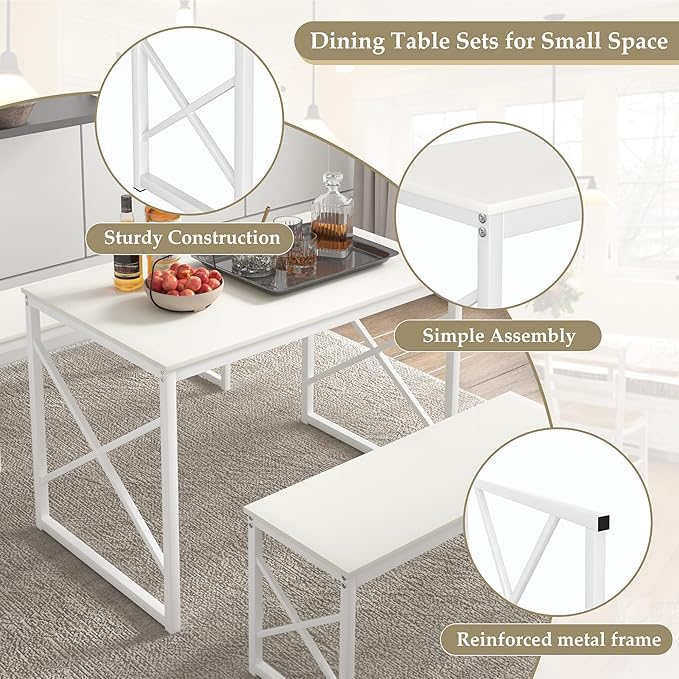 VECELO Kitchen Dining Table Benches Set for 4, 43.3" Wooden Dinette with 2 Benches, Heavy-Duty Dining Room Table for Small Space, Breakfast Nook, White