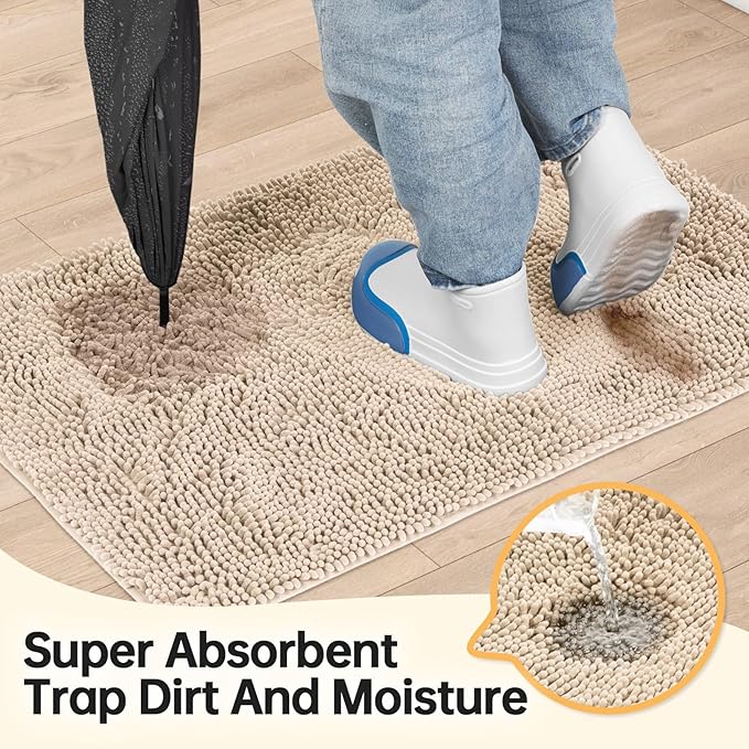 Absorbent Dog Door Mat for Muddy Paws, 60" x 24" Chenille Indoor Mats for Entryway, Trap Dirt Front Door Mat Indoor Entrance Washable Non Slip Soft Beige
