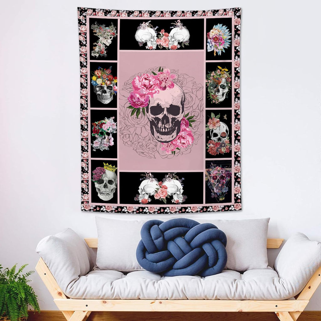 yowecso Sugar Skull Tapestry Horror Skeleton Tapestry Wall Hanging for Bedroom Rose Skull Tapestries Aesthetic Wall Decor for Home Dorm Living Room 40"x60"