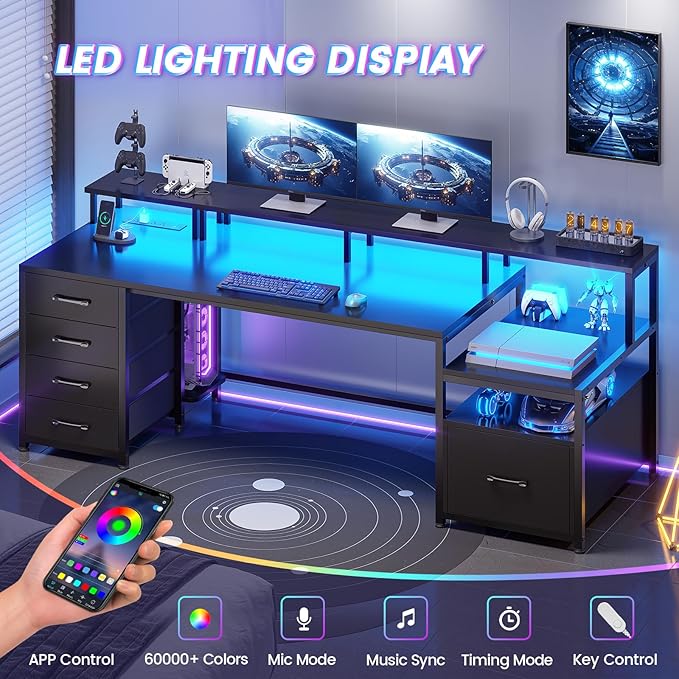 SEDETA 75'' Computer Desk with 5 Drawer, Power Outlet & Led Lights, Home Office Desk with File Drawer, Storage Shelves, Printer Cabinet and Monitor Shelf, 23.6" W Large Desktop Gaming Desk, Black