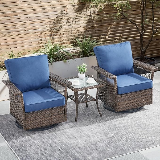 Outdoor Swivel Glider Chairs - 3 Pieces Hollow Widen Armrests Wicker Patio Furniture Set with Side Table, High Back Outside Swivel Rocker for Balcony Porch Deck and Yard - Brown/Blue