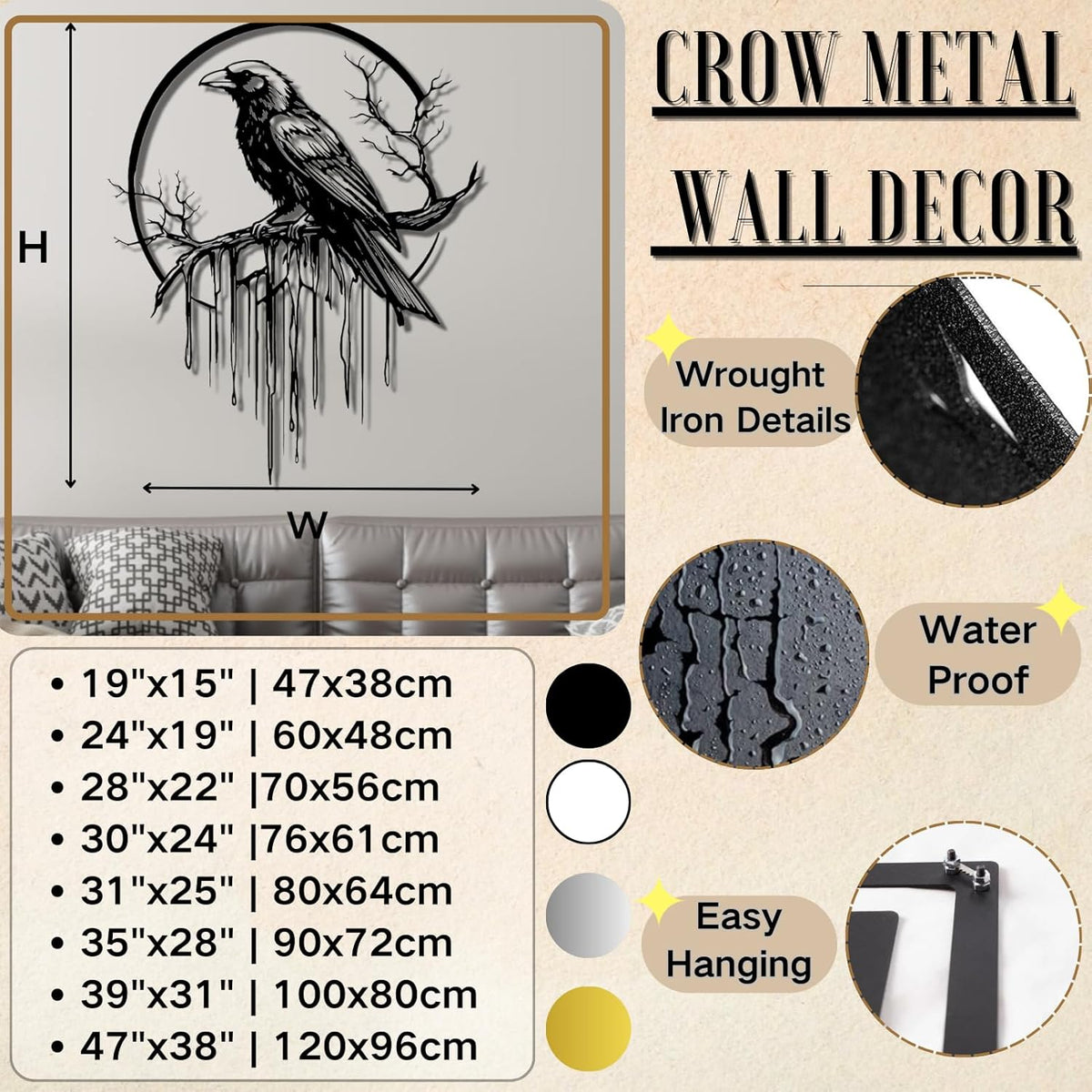 Crow Metal Wall Decor, Raven Wall Art, Large Gothic Raven Decor Hangings, Bird Wall Decor, Metal Tree Branch Decor, Ravens Sign, Raven Art for Living Room (Gold, 30"x24" |76x61cm, metal wall art)