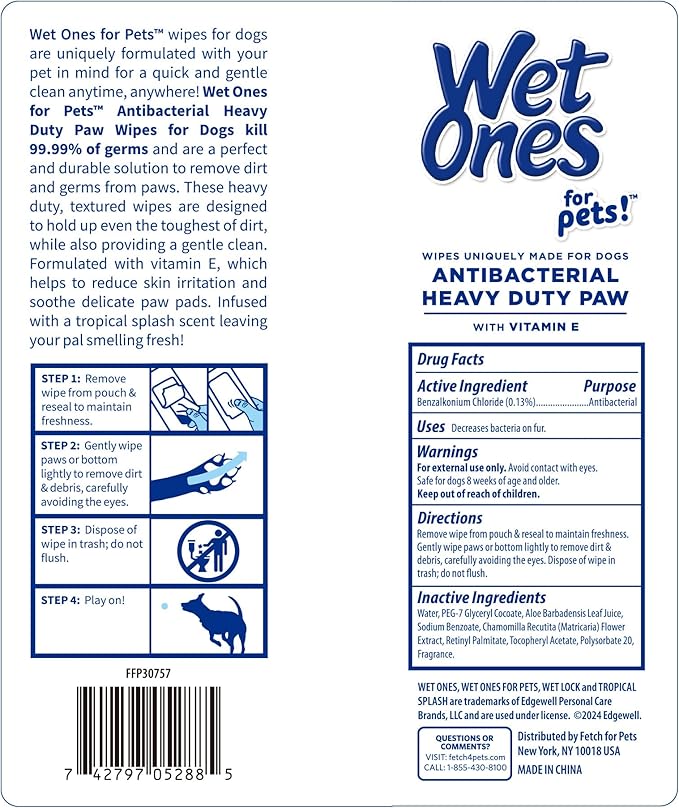 Wet Ones for Pets Antibacterial Heavy Duty Paw Wipes, Tropical Splash Scent - Thick Dog Cleaning Wipes - Scented, Durable and Disposable Dog Wipes for Paws, 50 Count
