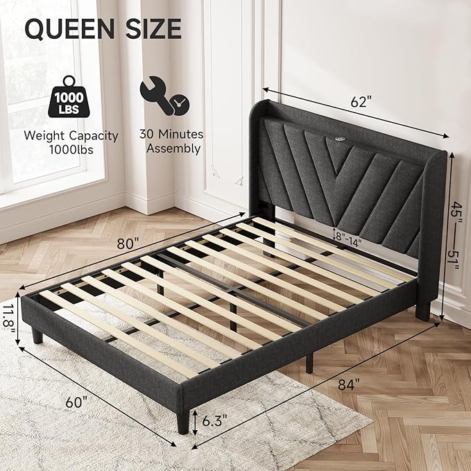 koorlian Queen Bed Frame with Headboard, Adjustable Upholstered Platform Bed Frame with Type-C&USB Ports, Wingback Storage Headboard, Solid Wood Slats Support, No Box Spring Needed, Dark Gray