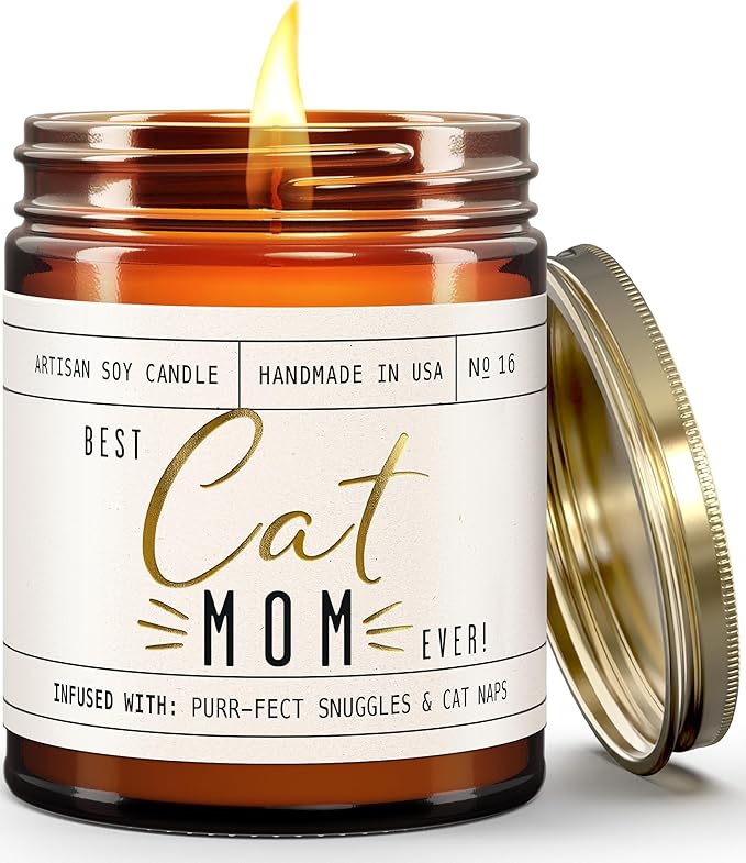 Cat Mom Gifts, Cat Gifts for Women Unique, Cat Lover Gifts for Women - 'Best Cat Mom Ever' Candle, w/Vanilla, Coconut & Vetiver I Cat Decor Themed I Cat Gifts for Cat Lovers I 50Hr Burn, USA Made