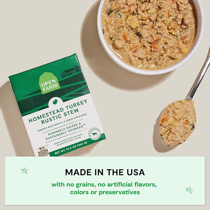 Open Farm Rustic Stews Wet Dog Food, Grain-Free, Complete & Balanced with Human-Grade Ingredients, Humanely-Raised Meat & Bone Broth, Homestead Turkey Recipe, 12.5oz Packs (Case of 12)