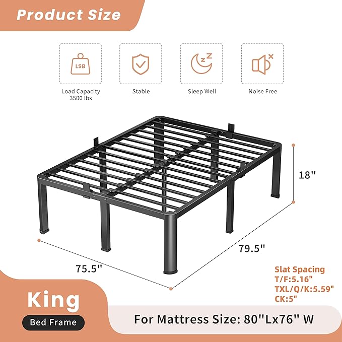 18 Inch King Heavy Duty 3500 lbs Bed Frame with Round-Corner Legs & Anti-Squeak Design – Quick Assembly Metal Platform, No Box Spring Needed