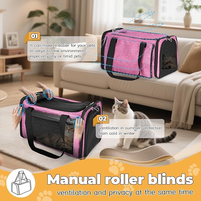 YUDODO 25 lbs Lightproof Soft Sided Pink Pet Carrier for Large Cat & Small Dog Airline Approved Travel Bag Puppy Carriers with Side Pockets & Reflective Mesh, Foldable Portable for Outdoor Car