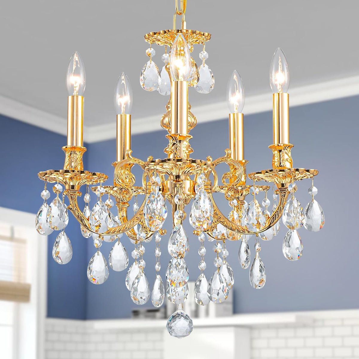 French K9 Crystal Maria Theresa Chandeliers, Luxury Vintage Pendant Light Fixture for Dining Room, Living Room, D17.7*H25~72 inch (Adjustable), Clear Crystal & Brass Finish Frame