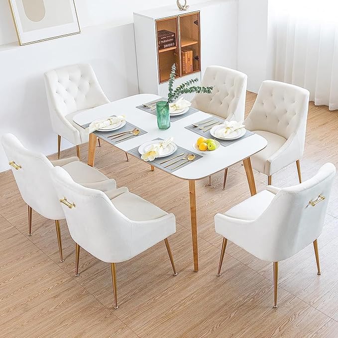 Modern Dining Chairs Set of 6, Mid Century Chairs with 5.12” Cushions and Golden Legs, Velvet Upholstered Dining Chairs with Back Pull Rod, for Kitchen, Living Room, Beige