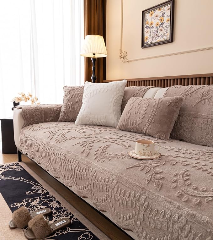 Fuzzy Rabbit Plush Sofa Cover Cozy Warm Sofa Couch Covers with 3D Jacquard Leaf Pattern Non-Slip Easy-to-Install Shaggy Sofa Slipcover Prefect for Kids Dogs Cats Cats(Cream Coffee,36"x63")
