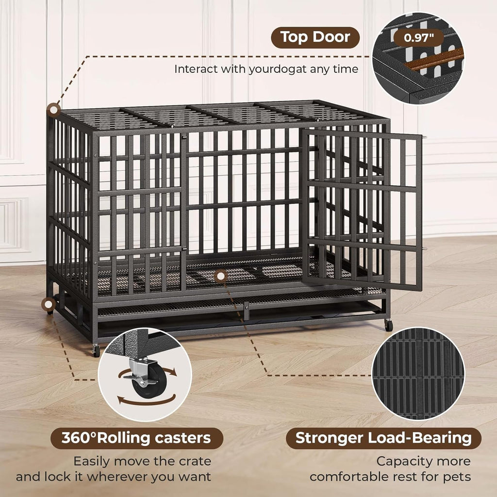 48/42/38 Inch Heavy Duty Indestructible Dog Crate,Escape Proof Dog Cage Kennel for Small Medium Dogs Indoor Double Door Dog Crate with Wheels, Lock& Removable Tray