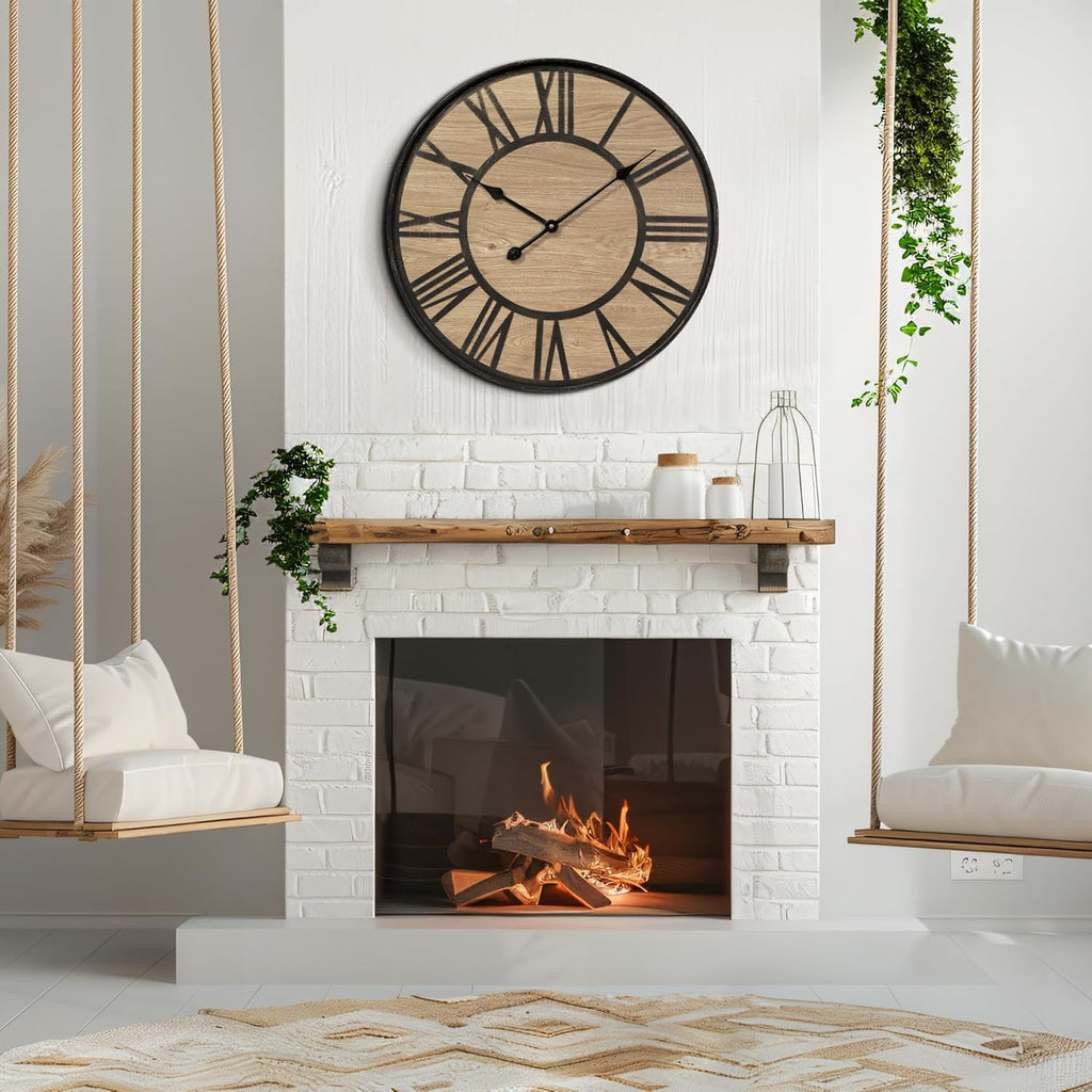 Large Wall Clock for Living Room Decor, Non Ticking Silent, Battery Operated Modern Vintage Wood Oversized Decorative Wall Clock for Bedroom Kitchen Farmhouse Office Decor