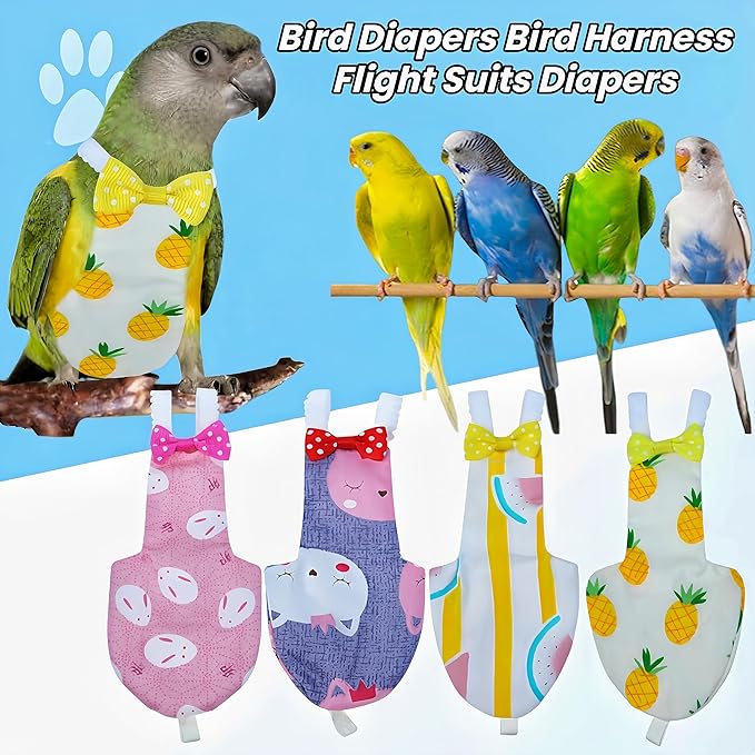 2Pcs Bird Diapers Bird Harness Flight Suits Diapers with 80 Inch Flying Leash Parrot Nappy Washable Cute Urine Wet Suit for Cockatiel Conure Macaw Budgies Parakeet-Pineapple&Kitten,M