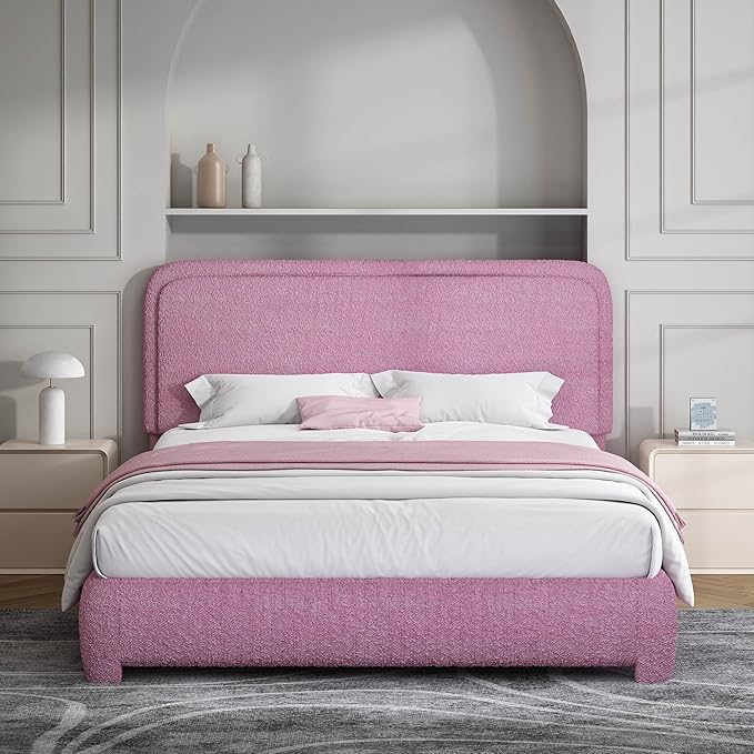 BarnFurin Full Size Bed Frame with Headboard, Boucle Upholstered Platform Bed Frame, Modern Style, Soft Rounded Corners, No Box Spring Required, Easy Assembly, Rose Pink