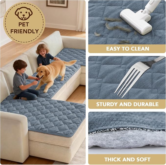 H.VERSAILTEX Chenille Couch Cover for Dogs Washable Soft Fuzzy Extra Large Sofa Slipcovers Sectional Sofa Cover Thick Pet Couch Cover Protector Non-Slip Dog Bed Cover(Stone Blue, 28" x 134")