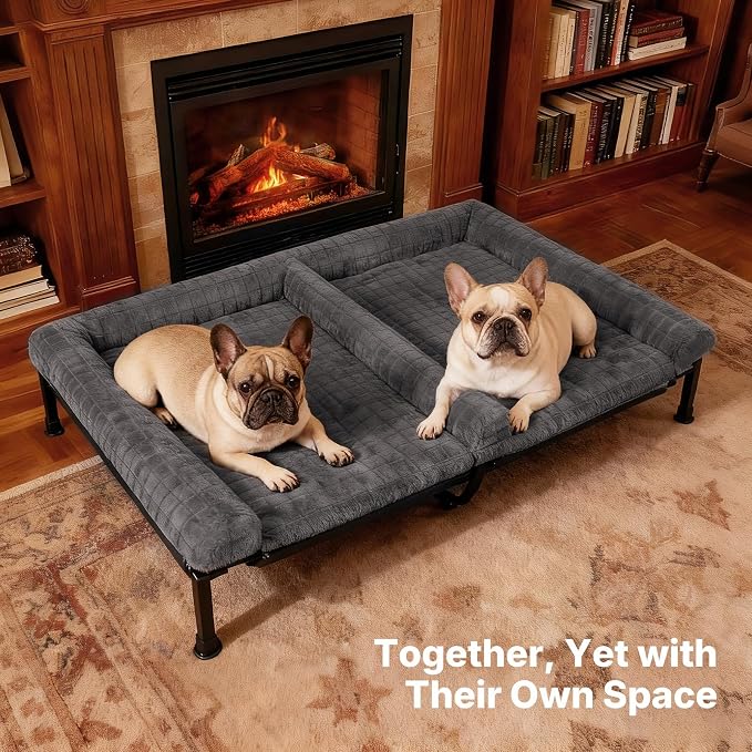 Veehoo Plush Double Dog Couch Bed for 2 Dogs, Washable Elevated Dog Bed | Cooling Raised Pet Cot with Removable Bolster Cushion, Breathable Mesh, No-Slip Feet, 53 x 37 inches, Grey