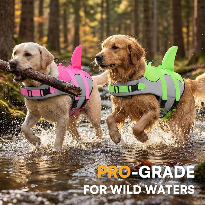 Dog Life Jacket Ripstop Shark Dog Safety Vest Adjustable Preserver with High Buoyancy and Durable Rescue Handle for Small,Medium,Large Dogs, Green Shark Medium