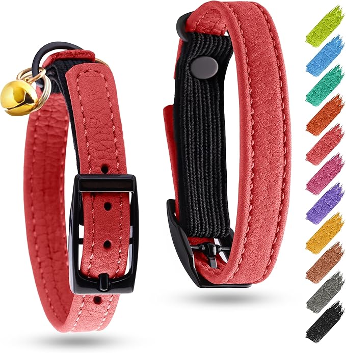 Leather Cat Collar with Bell and Safety Elastic Strap Breakaway Alternative for Small & Large Kittens, Stylish Pet Leather Collar for Boy, Girl Cats with Metal Buckle & QR ID Tag (Red)