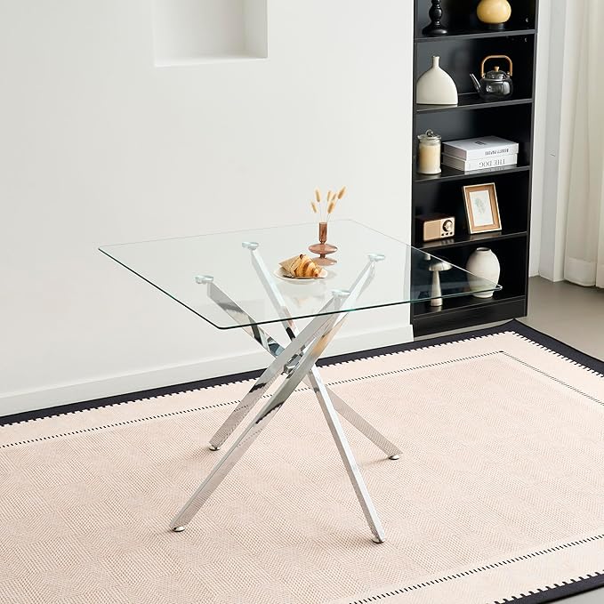 36" Square Glass Dining Table Modern Kitchen Glass Top Table for 4 with Silver Chrome Metal Legs, Clear Dining Table Kitchen Table for Home Office Dining Room