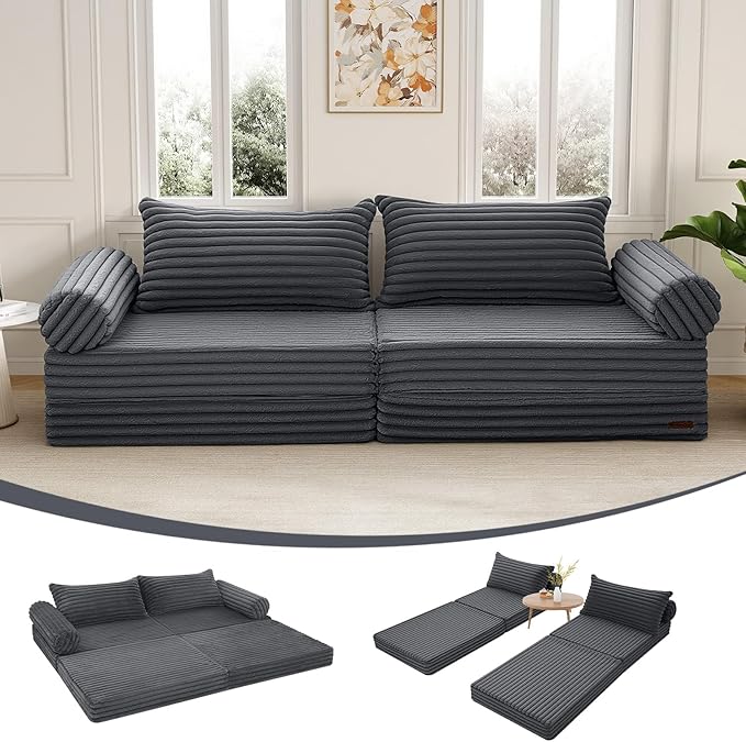 MeMoreCool Convertible Sofa Bed, Folding Floor Couch Bed Queen, Pull Out Sleeper Couch with Pillows, Fold Out Futon Sofa for Bedroom Living Room Small Space, Corduroy Grey