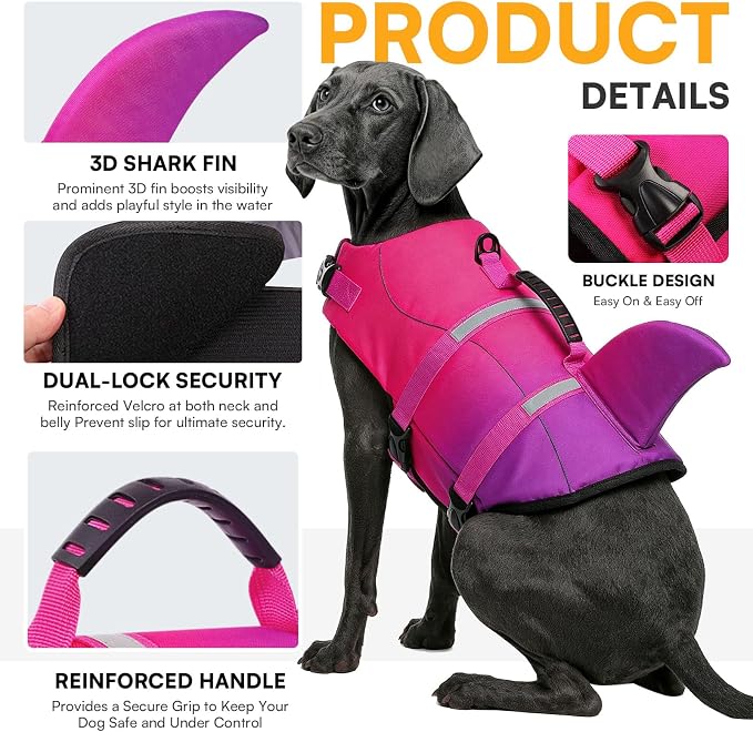 Dog Life Jacket High Flotation, Reflective Dog Life Vest for Swimming, Adjustable Dogs Life Preserver Rescue Handle Spring Summer Pool for Small, Medium, Large Dogs (Pink Purple,L)