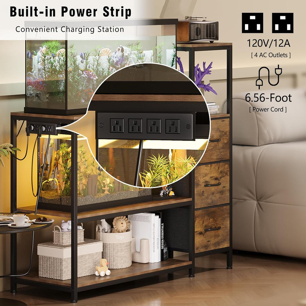 20 Gallon Aquarium Stand with Power Outlets Fish Tank Stand with 3 Drawers Metal Frame Heavy Duty Reptile Tank Stand with 3-Tier Storage Shelves,Left/Right Assembly, Adjustment Height