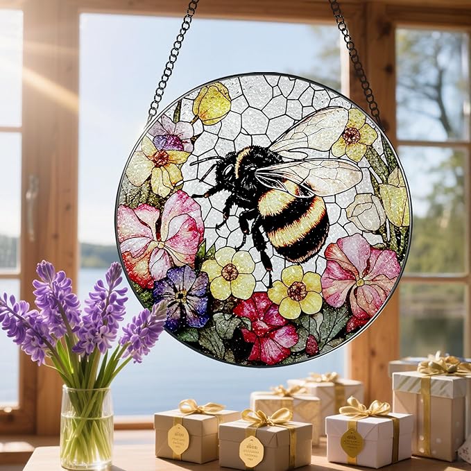 Stained Glass Window Hanging, 8 Inch Bee Stained Glass Ornament, Suncatchers for Windows Hanging, Window Decor, Gift for Garden Lover, Teacher Gift, Holiday, Birthday Gifts for Women Mom and Grandma