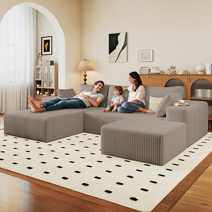 96" U-Shape Cloud Couch, Modern Modular Sectional L-Shape Sofa with Ottoman, Corduroy Upholstered Couches Deep Seat Chaise Longue for Living Room, No Assembly Required(Camel, Left Facing)