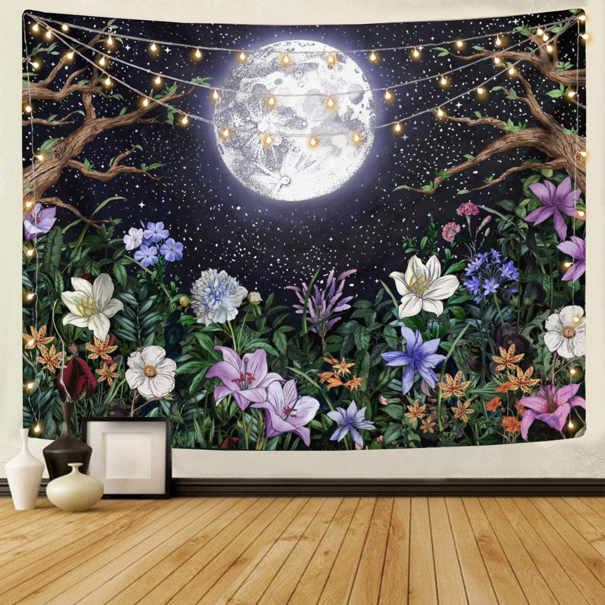 Neasow Aesthetic Moon Garden Tapestry Wall Hanging, Night Landscape with Colorful Plants Floral Tapestries for Bedroom Home Decor Multi Color 60×80 inch (150cm×200cm)