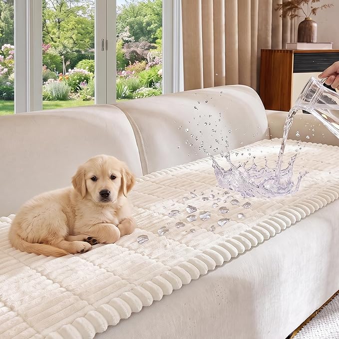 FUANGUI Waterproof Couch Cover Sofa Cover for Dogs and Pets Sofa Protector | Non-Slip Washable Fuzzy Soft Cat Bed Sofa Slipcover for 2-3 Cushion Couch Sofa Pet Friendly, Beige, 27.6" x 82.7", 1 pcs